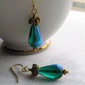 Czech Glass Blue/ Green Iridescent Drop Earrings (USA)