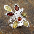Sterling Silver Multicolored Amber Flower Ring (Size 7) (Poland)