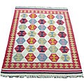 Indo Kilim Ivory/ Red Wool/ Cotton Rug (5'5 x 7'9) 