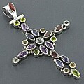 Sterling Silver and Multi-gemstone Cross Pendant (India)