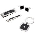 Stainless Steel Men's Black Enamel and Cubic Zirconia Jewelry Set