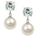14k Gold Freshwater Pearl and Aquamarine Earrings (7.5-8 mm)