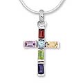 Sterling Silver 'Colorful Cross' Multi-gemstone Necklace (India)