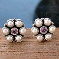 Sterling Silver 'Mystic Bloom' Pearl and Amethyst Earrings (India)