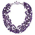 Sterling Silver 'Snow on Lilies' Pearl Amethyst Necklace (India)