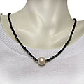 Silver FW Pearl and 20ct TDW Black Diamond Necklace (11-12 mm)
