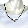 Silver FW Pearl and 20ct TDW Grey Diamond Necklace (11-12 mm)