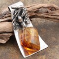 Sterling Silver Honey Baltic Amber Acorn Motif Pendant (Poland)