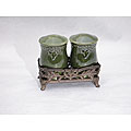 Certified International Renaissance Green Salt and Pepper Set with Stand