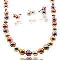 Silver Multicolor Pearl Necklace and 3-pair Earrings Set (8-9 mm)