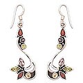 Silver 'Dancing Flowers' Garnet and Peridot Earrings (India)