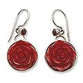 Silver Garnet/ Cowbone 'Red Rose' Flower Earrings (Indonesia)