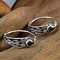 Sterling Silver Garnet 'Indian Rosebud' Hoop Earrings (India)