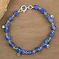 Silver 'Blossoming Ecstasy' Lapis Lazuli Flower Bracelet (India)