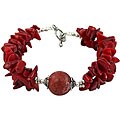 Silver Accent Polished Red Coral Bracelet (Thailand)