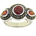 Sterling Silver Red Marcasite 3-stone Ring