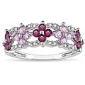 10k Gold Diamond, Pink Sapphire and Ruby Flower Ring