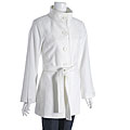 Larry Levine White Funnel Neck Belted Hip Length Coat