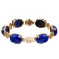 14k Yellow Gold Oval Lapis and Chinese Motif Bracelet