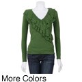 Red Women's V Neck Ruffle Sweater