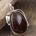 Silver Cognac Baltic Amber Leaf and Twig Pendant (Poland)