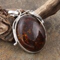 Sterling Silver Cognac Amber Oval Leaf Pendant (Poland)