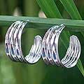 'Palm Frond' Sterling Silver Half Hoop Earrings (Thailand)