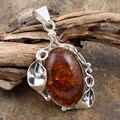 Sterling Silver Cognac Baltic Amber Leaf Pendant (Poland)