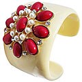 Resin Red Coral Cabochon and Faux Pearl Flower Cuff Bangle