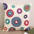 Hand-stitched 'Circles' 16x16 Cream Silk Decorative Pillow (India)