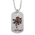 Ed Hardy Steel Black/ Red Rose Print Dog Tag Necklace