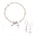 Silver Cultured Pearl Cross Earring/ Bracelet Set