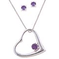 Silver Purple CZ Earring and Heart Pendant Set