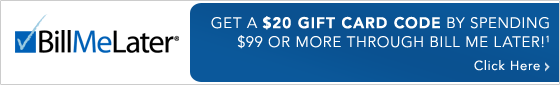 $20 Gift Card Code with Bill Me Later - Click For More Details
