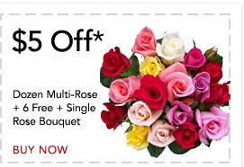 $5 Off these Dozen Multi-Rose + 6 Free + Single Rose Bouquet* - Click Here