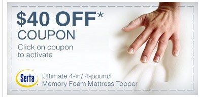 $40 Off* Coupon on Serta Ultimate 4-inch Memory Foam Mattress Topper - Click on coupon to activate