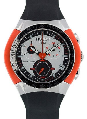 A Tissot chronograph watch
 with black rubber watchbands, a stainless steel case and orange 
accents